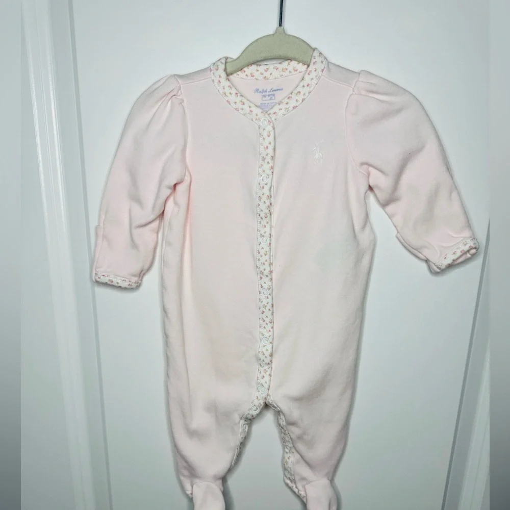 Ralph Lauren Light Pink Baby Girl Floral Trim Footie Pajamas Size 3M